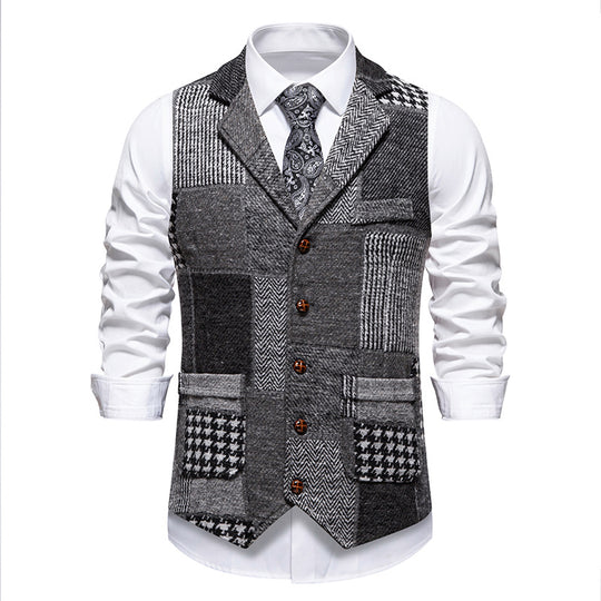 Leo patchwork tweed waistcoat with herringbone pattern