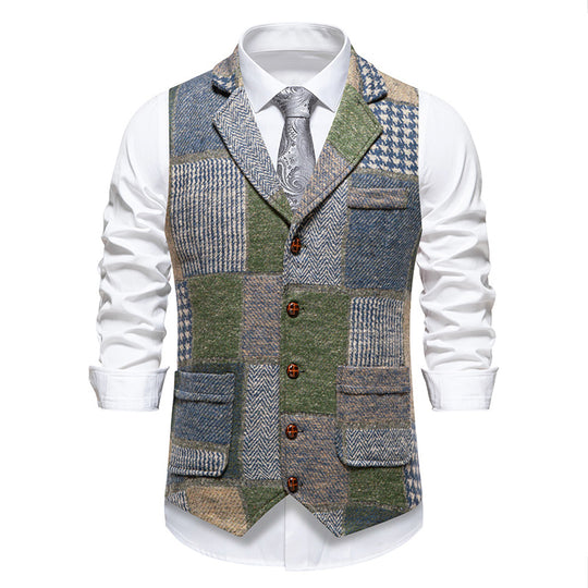 Leo patchwork tweed waistcoat with herringbone pattern
